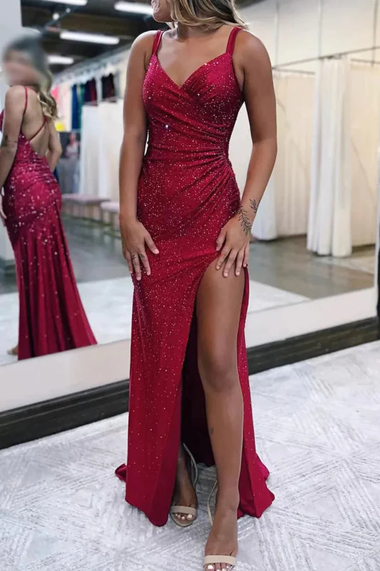 Sparkly Dark Red V Neck Sequins Long Prom Dress with Slit Birthday Outfits Party Dress Formal Dress DP259
