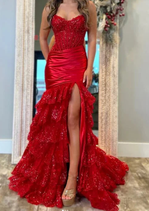 Classy Elegant Red Mermaid Long Prom Dress with Ruffle Skirt Wedding Guest Dress Prom Dresses DP262