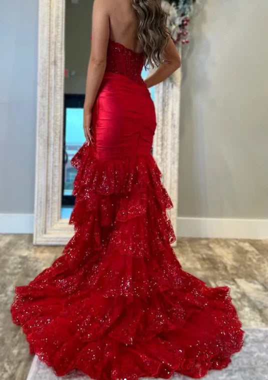 Classy Elegant Red Mermaid Long Prom Dress with Ruffle Skirt Wedding Guest Dress Prom Dresses DP262