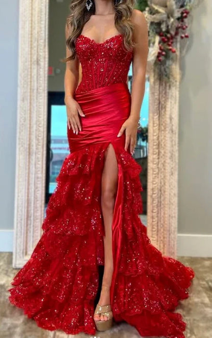 Classy Elegant Red Mermaid Long Prom Dress with Ruffle Skirt Wedding Guest Dress Prom Dresses DP262