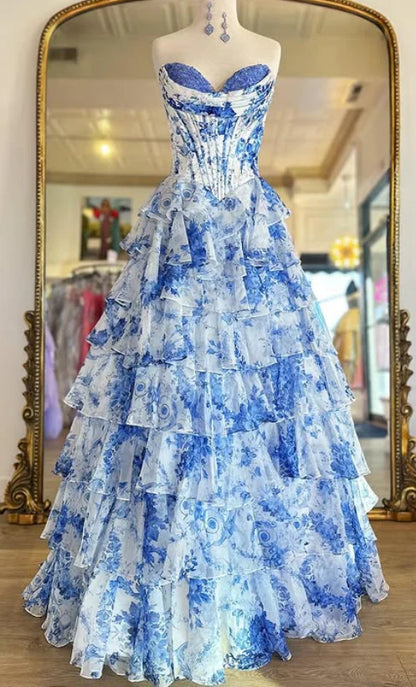 Classy Elegant Ball Gown Floral Blue Print Strapless Long Prom Dress With Chiffon Ruffle Skirt Prom Dresses DP266