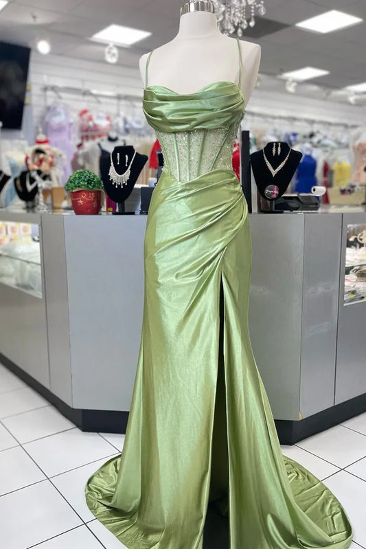 Elegant Hot Mermaid Spaghetti Straps Green Long Prom Dress with Cross Back Prom Dresses DP267