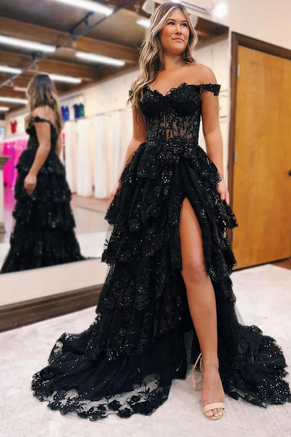 Elegant Prom Dresses Formal Court Train Sleeveless Off Shoulder Tulle with Sequin Slit Evening Dresses DP268