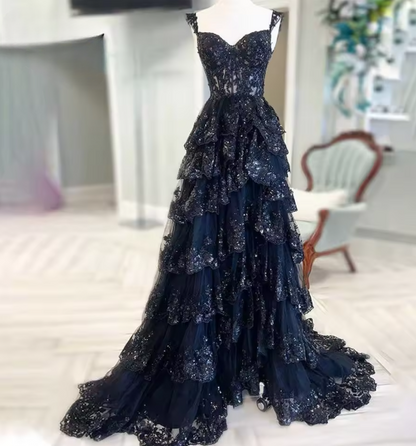 Sexy A-Line Tulle Sequin Black Long Prom Dresses, Black Sequin Long Formal Dress DP275