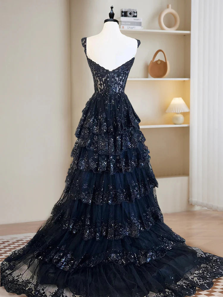 Sexy A-Line Tulle Sequin Black Long Prom Dresses, Black Sequin Long Formal Dress DP275