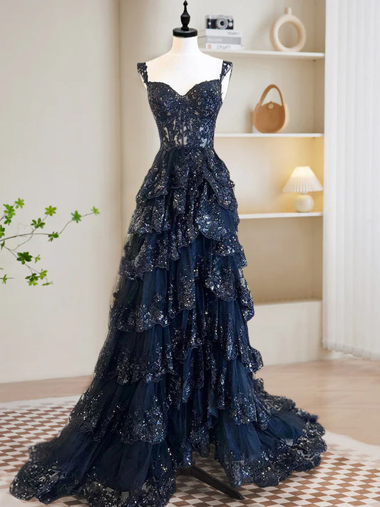 Sexy A-Line Tulle Sequin Black Long Prom Dresses, Black Sequin Long Formal Dress DP275