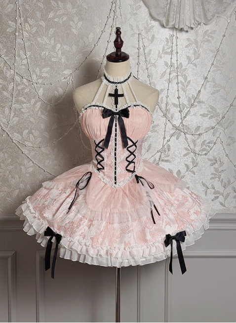 Vintage Ball Gown Halter Pink Tulle Lace 22nd Birthday Dress Lolita Dress Cute Lolita Outfits DP2760