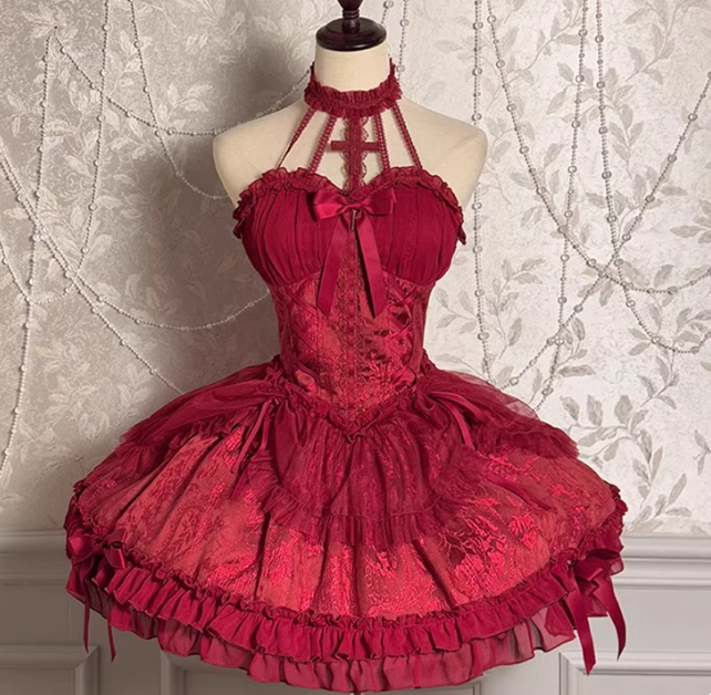 Vintage Ball Gown Halter Pink Tulle Lace 22nd Birthday Dress Lolita Dress Cute Lolita Outfits DP2760