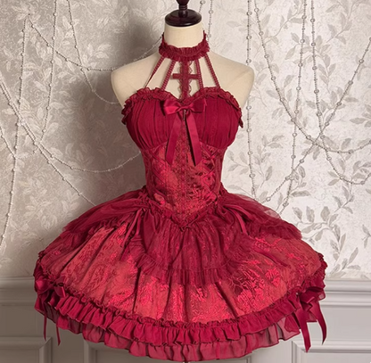 Vintage Ball Gown Halter Pink Tulle Lace 22nd Birthday Dress Lolita Dress Cute Lolita Outfits DP2760