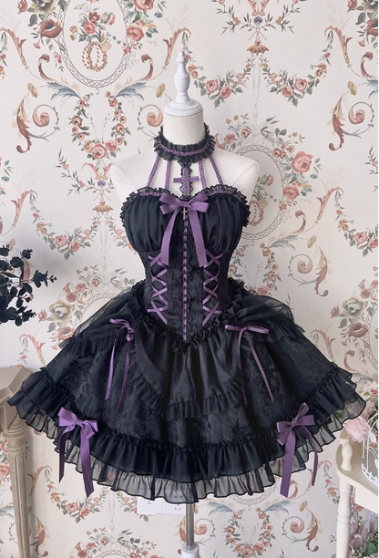 Vintage Ball Gown Halter Black/Purple Tulle Lace 22nd Birthday Dress Lolita Dress Cute Lolita Outfits DP2762