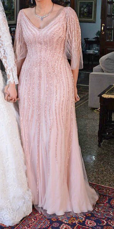 Elegant Sheath V-neck Mother of Bride Dress Tulle Sequin Evening Gown Floor Length For Summer Guest Outfit DP2787