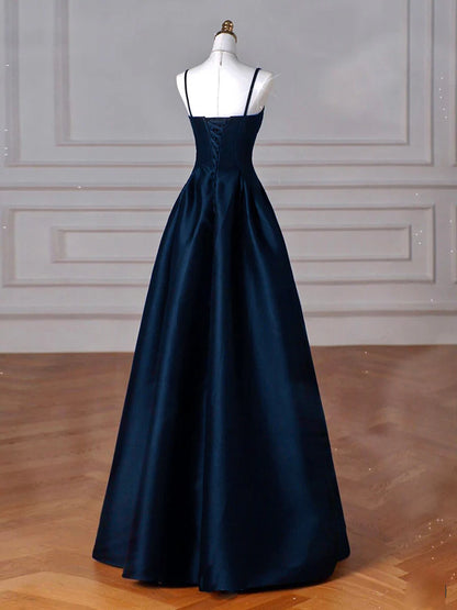 Sexy Simple A-Line Dark Blue Satin Long Prom Dress, Dark Blue Long Formal Dress DP278