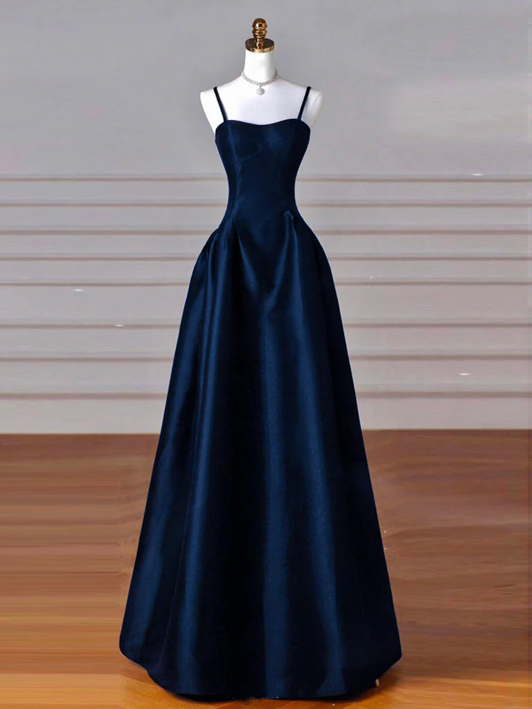 Sexy Simple A-Line Dark Blue Satin Long Prom Dress, Dark Blue Long Formal Dress DP278