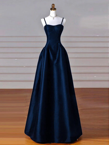 Sexy Simple A-Line Dark Blue Satin Long Prom Dress, Dark Blue Long Formal Dress DP278