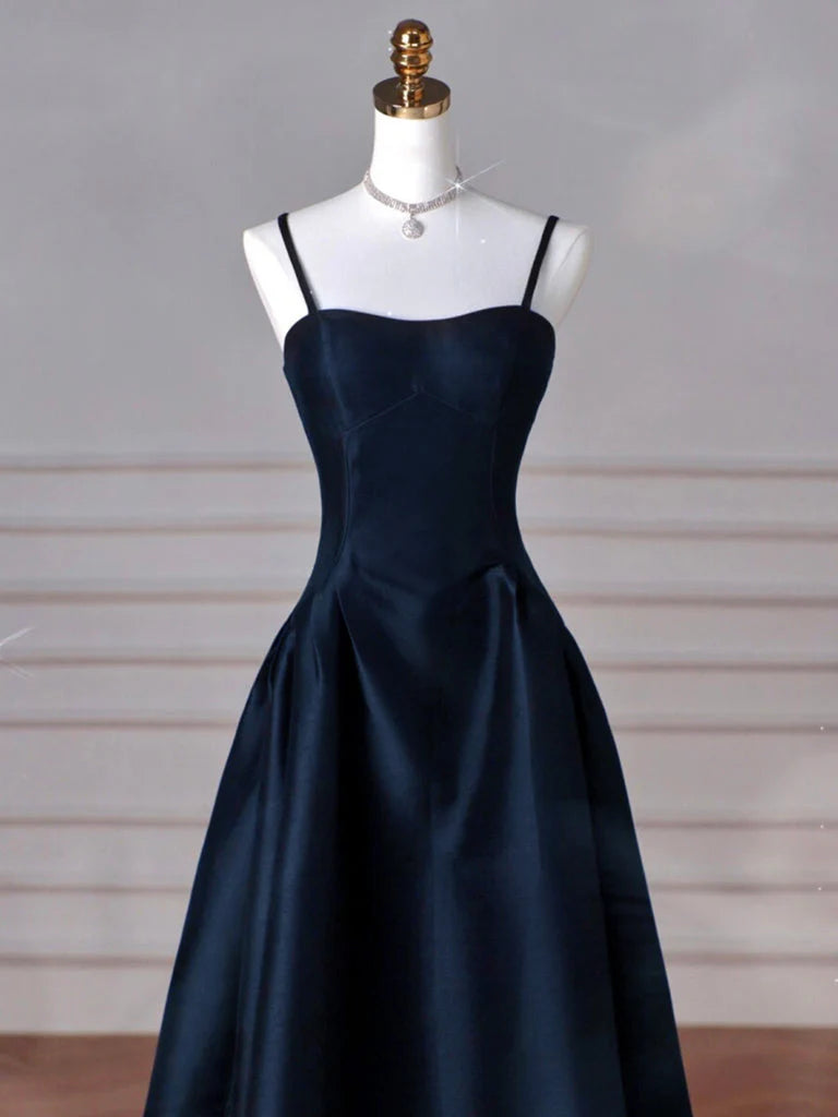 Sexy Simple A-Line Dark Blue Satin Long Prom Dress, Dark Blue Long Formal Dress DP278
