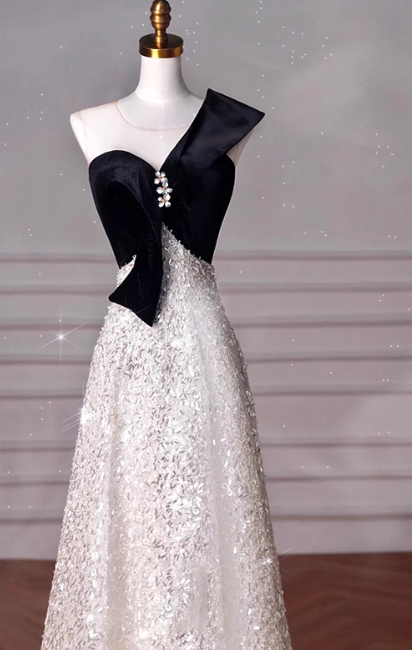 Elegant A-Line One Shoulder Evening Gown Black Sparkly Formal Dress Sequin Long Prom Dresses DP2790