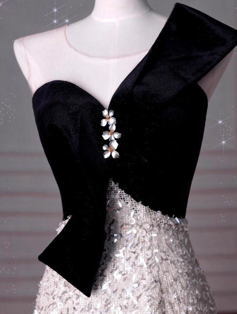 Elegant A-Line One Shoulder Evening Gown Black Sparkly Formal Dress Sequin Long Prom Dresses DP2790