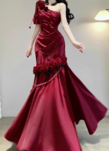 Modest Mermaid One-shoulder Long Evening Gown Burgundy Formal Dress Applique Satin Slit Prom Dress DP2798