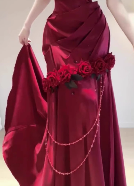 Modest Mermaid One-shoulder Long Evening Gown Burgundy Formal Dress Applique Satin Slit Prom Dress DP2798