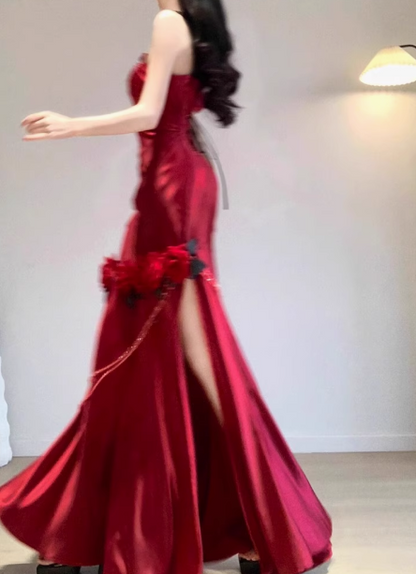 Modest Mermaid One-shoulder Long Evening Gown Burgundy Formal Dress Applique Satin Slit Prom Dress DP2798
