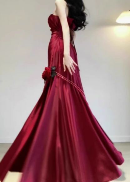 Modest Mermaid One-shoulder Long Evening Gown Burgundy Formal Dress Applique Satin Slit Prom Dress DP2798