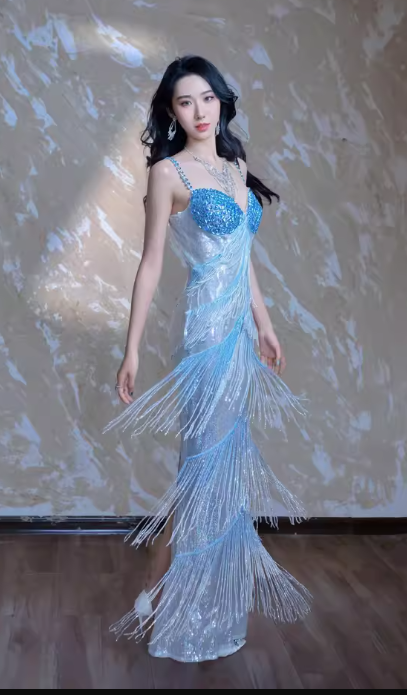 Modest Sheath Sweetheart Neck Long Evening Gown Blue Beaded Formal Dress Elegant Tassel Prom Dress DP2801