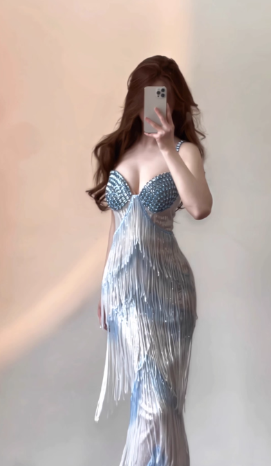 Modest Sheath Sweetheart Neck Long Evening Gown Blue Beaded Formal Dress Elegant Tassel Prom Dress DP2801