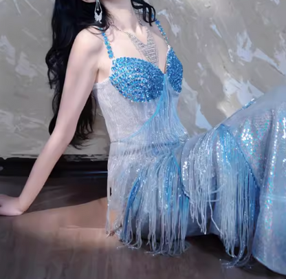Modest Sheath Sweetheart Neck Long Evening Gown Blue Beaded Formal Dress Elegant Tassel Prom Dress DP2801