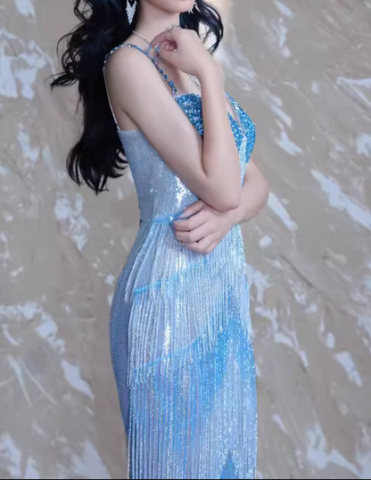 Modest Sheath Sweetheart Neck Long Evening Gown Blue Beaded Formal Dress Elegant Tassel Prom Dress DP2801
