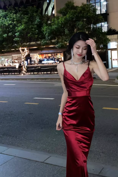 Stunning Mermaid Spaghetti Strap Long Evening Gown Burgundy Satin Formal Dress Elegant Birthday Dress DP2807
