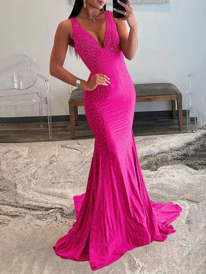 Pretty Mermaid Deep V-Neck Beaded Satin Long Prom Dresses DP280