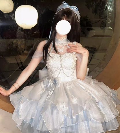 Vintage White Ball Gown Spaghetti Strap Chiffon Applique 22nd Birthday Dress Lolita Dress Cute Lolita Outfits DP2811