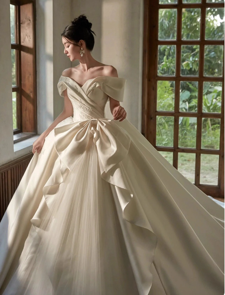 Modest Ball Gown Off-the-shoulder Bridal Dress White Satin Tulle Long Wedding Dress Elegant Lace Applique Bridal Gowns DP2816