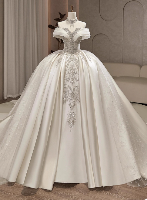 Modest Ball Gown Off-the-shoulder Bridal Dress White Tulle Long Wedding Dress Elegant Beading Applique Bridal Gowns DP2817
