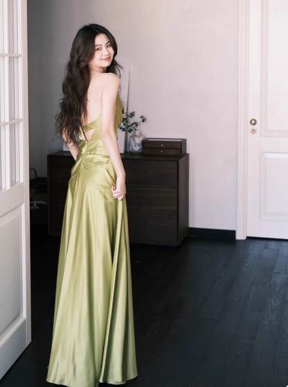 Modest Green A-Line Evening Dress Satin Asymmetric Neckline Long Prom Dress Elegant Formal Dress Wedding Guest Dress DP2833