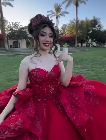 Elegant Ball Gown Sweetheart Neck Burgundy Tulle Beaded Applique Long Quinceanera Dress Formal Gowns Vestido De 15 Anos Sweet 16 Dress DP2841