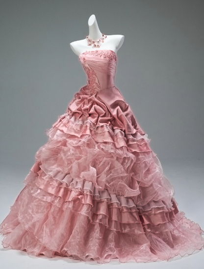 Stunning Strapless Pink Ball Gown Tiered Tulle Applique Beading Long Quinceanera Dress Satin Formal Gowns Vestido De 15 Anos Sweet 16 Dress DP2845