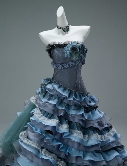 Stunning Strapless Ball Gown Tiered Tulle Lace Long Quinceanera Dress Navy Blue Formal Gowns Vestido De 15 Anos Sweet 16 Dress DP2847
