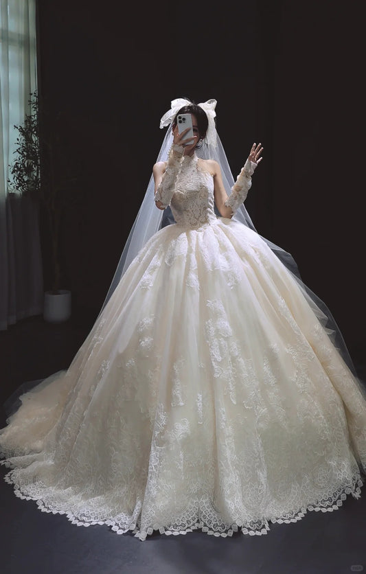Modest White Ball Gown Wedding Dress Halter Tulle Applique Bridal Gowns DP2870