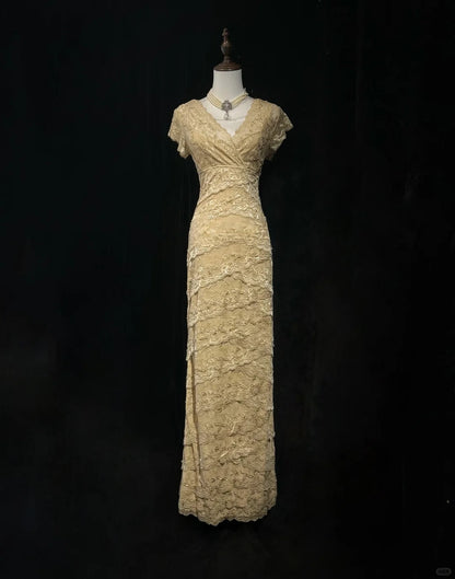 Glamour Gold Sheath V-neck Mother of the Bride Dress Lace Beaded Long Evening Gown DP2877