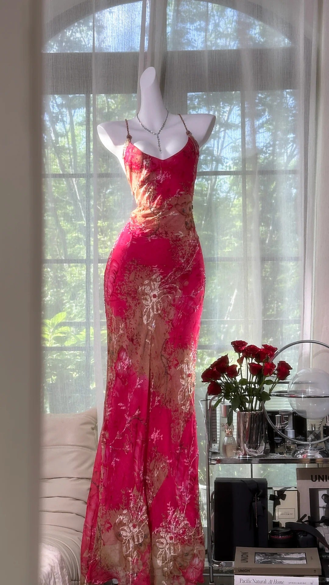 Vintage Red Sheath Long Prom Dress Floral Chiffon Spaghetti Strap Backless Formal Dress DP2879