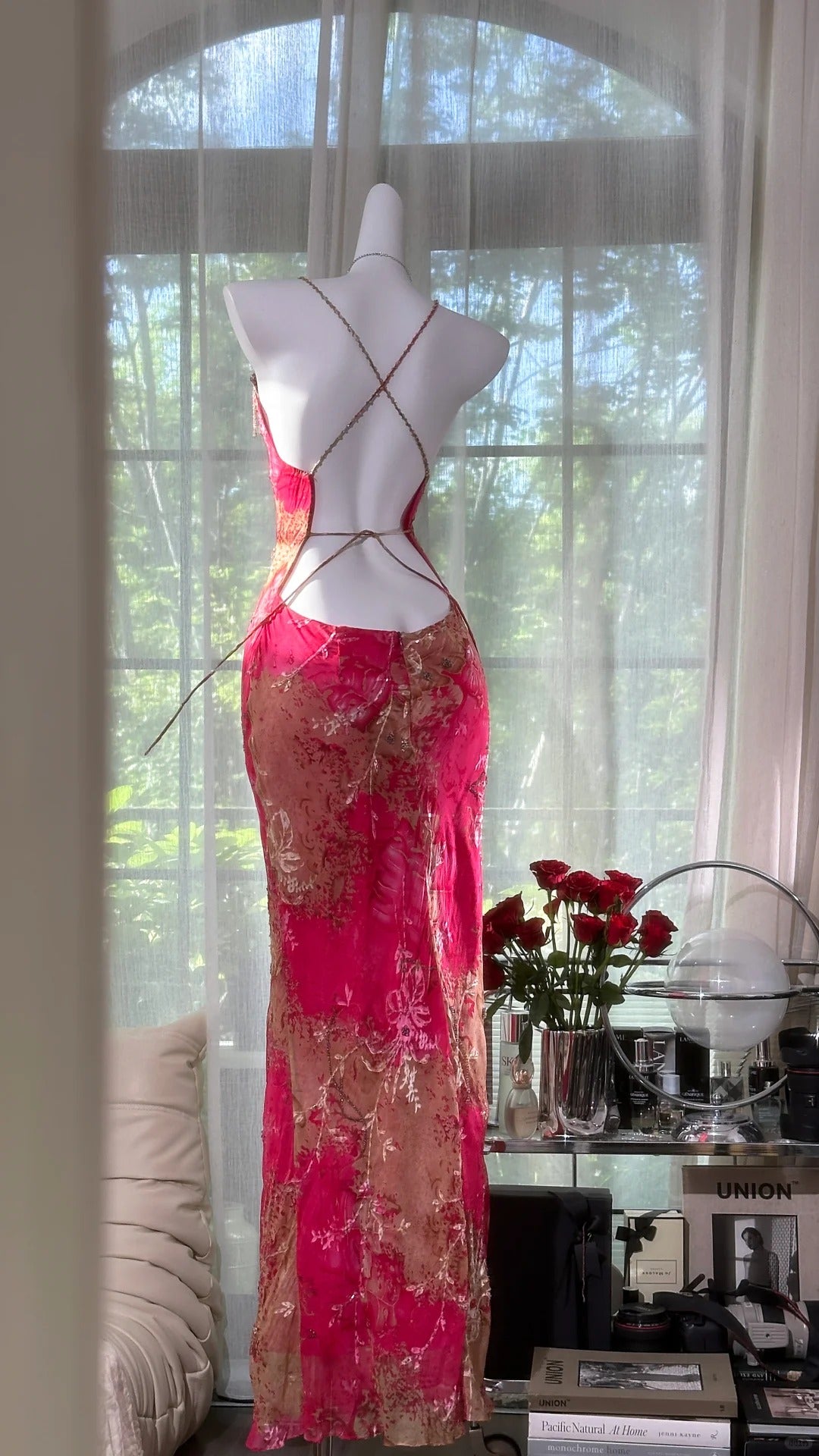 Vintage Red Sheath Long Prom Dress Floral Chiffon Spaghetti Strap Backless Formal Dress DP2879