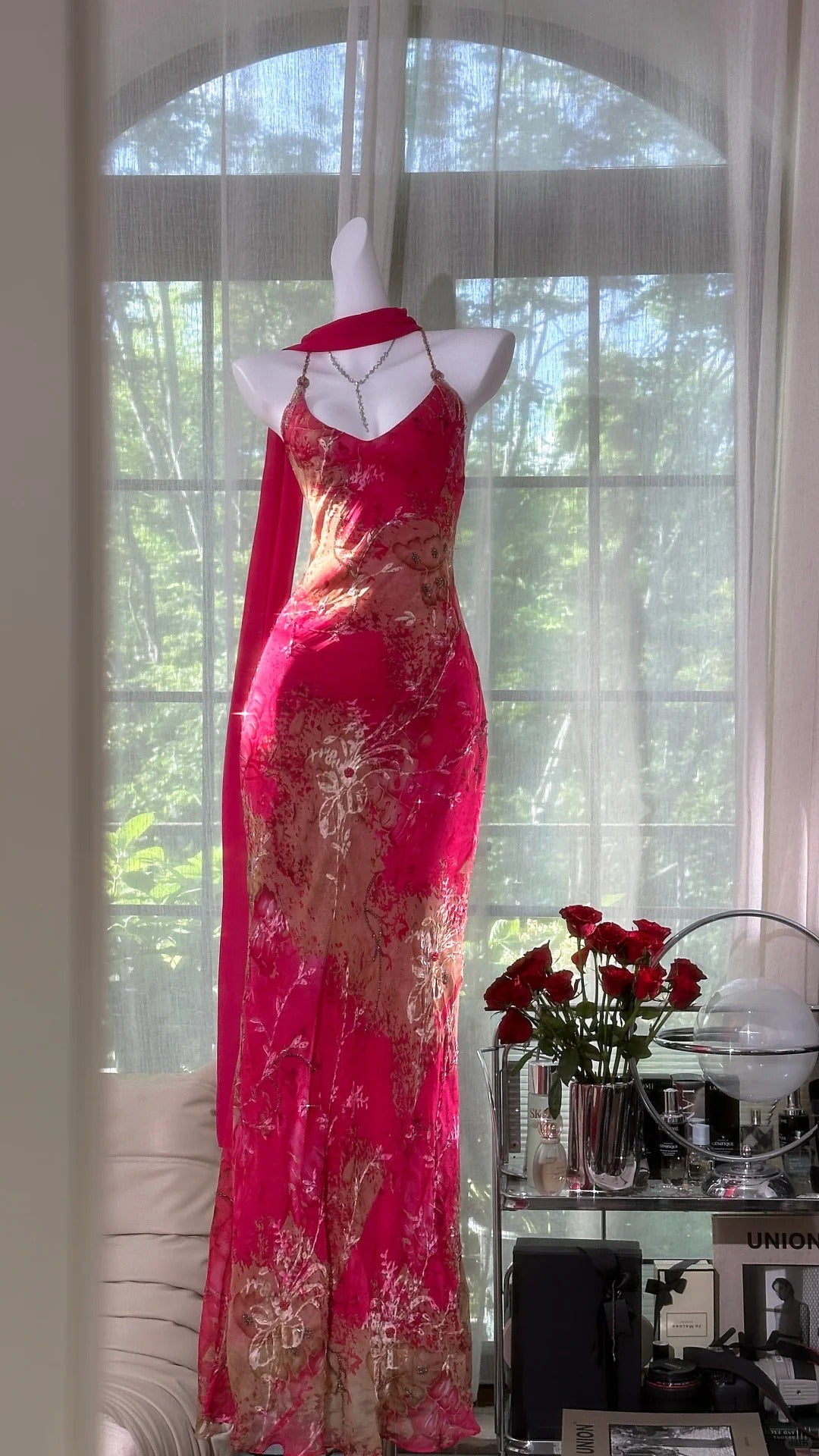 Vintage Red Sheath Long Prom Dress Floral Chiffon Spaghetti Strap Backless Formal Dress DP2879
