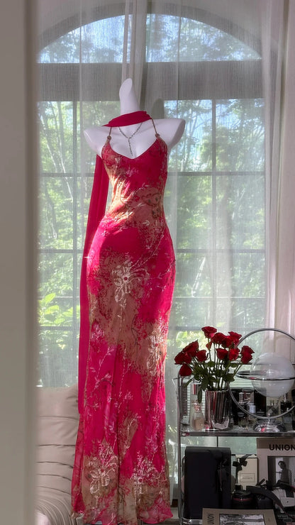 Vintage Red Sheath Long Prom Dress Floral Chiffon Spaghetti Strap Backless Formal Dress DP2879