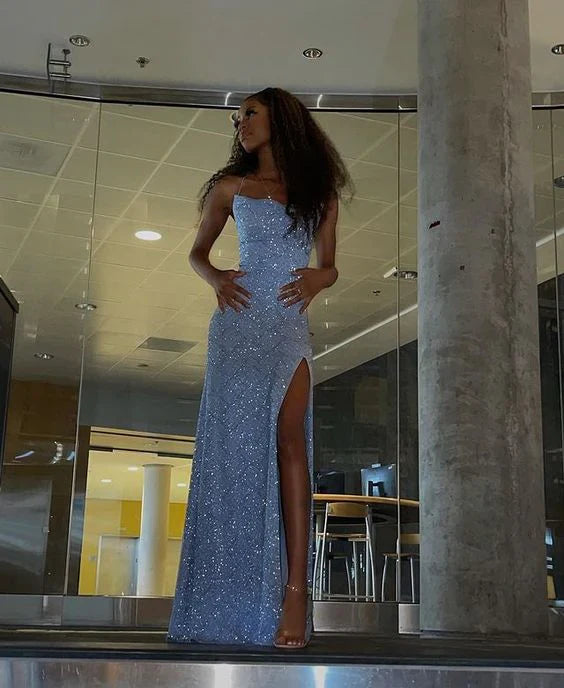 Sparkly Blue Sequins Sheath Evening Party Dress with High Slit Long Prom Dress Formal Dress DP288