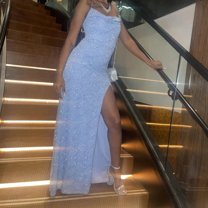 Sparkly Blue Sequins Sheath Evening Party Dress with High Slit Long Prom Dress Formal Dress DP288