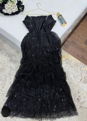 Sparkly Stunning Black Sequined Sleeveless Strapless Long Prom Dress with Split DP291