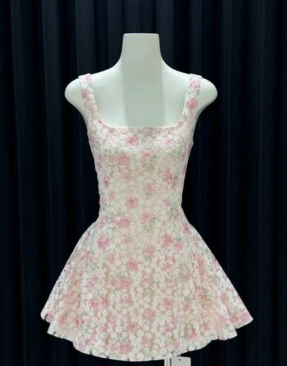 Sweet Pink A-Line Square Neck Short Homecoming Dress Floral Birthday Dress Formal Dress DP2911