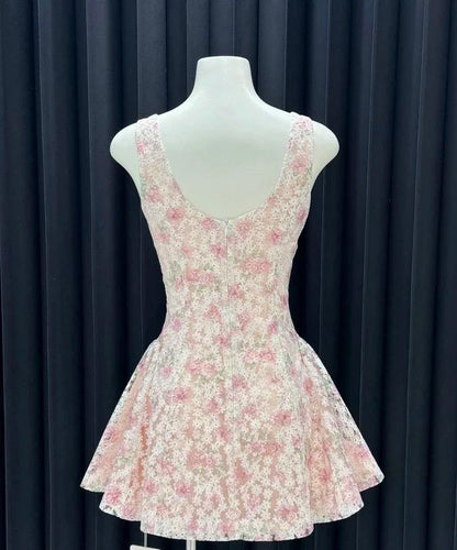 Sweet Pink A-Line Square Neck Short Homecoming Dress Floral Birthday Dress Formal Dress DP2911