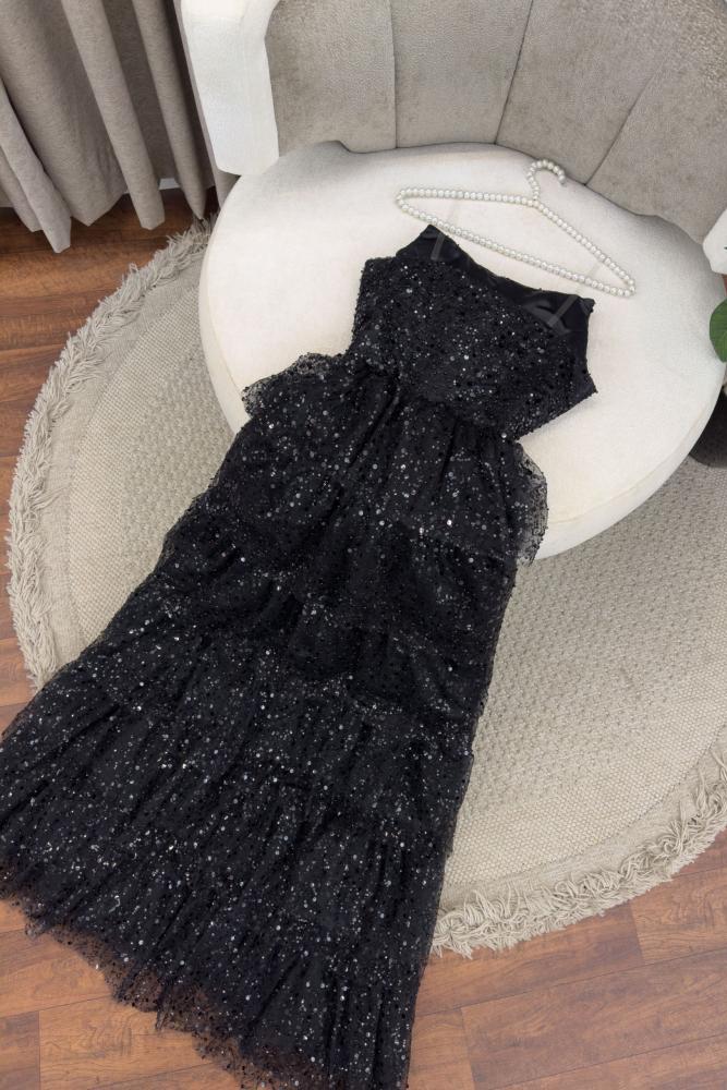 Sparkly Stunning Black Sequined Sleeveless Strapless Long Prom Dress with Split DP291
